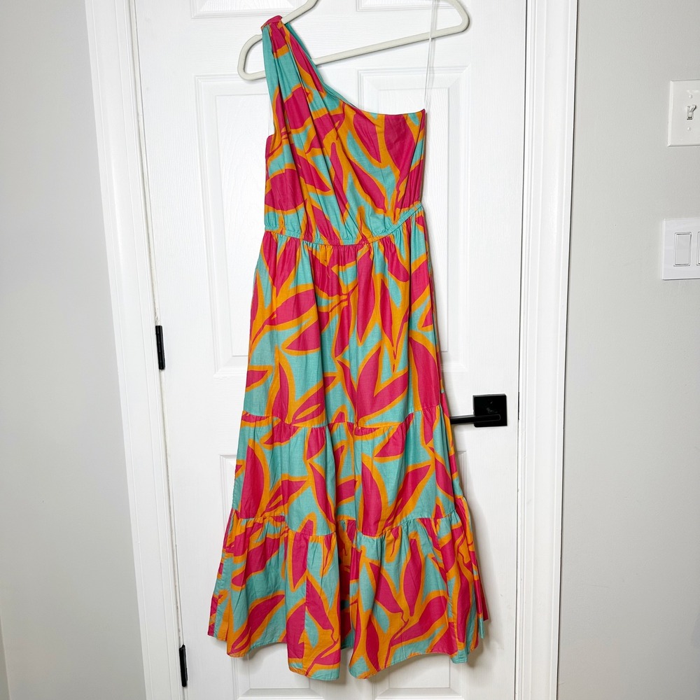 Southern Tide Analeah One Shoulder Maxi Dress Womens Medium Teal Pink Cotton - Picture 2 of 10